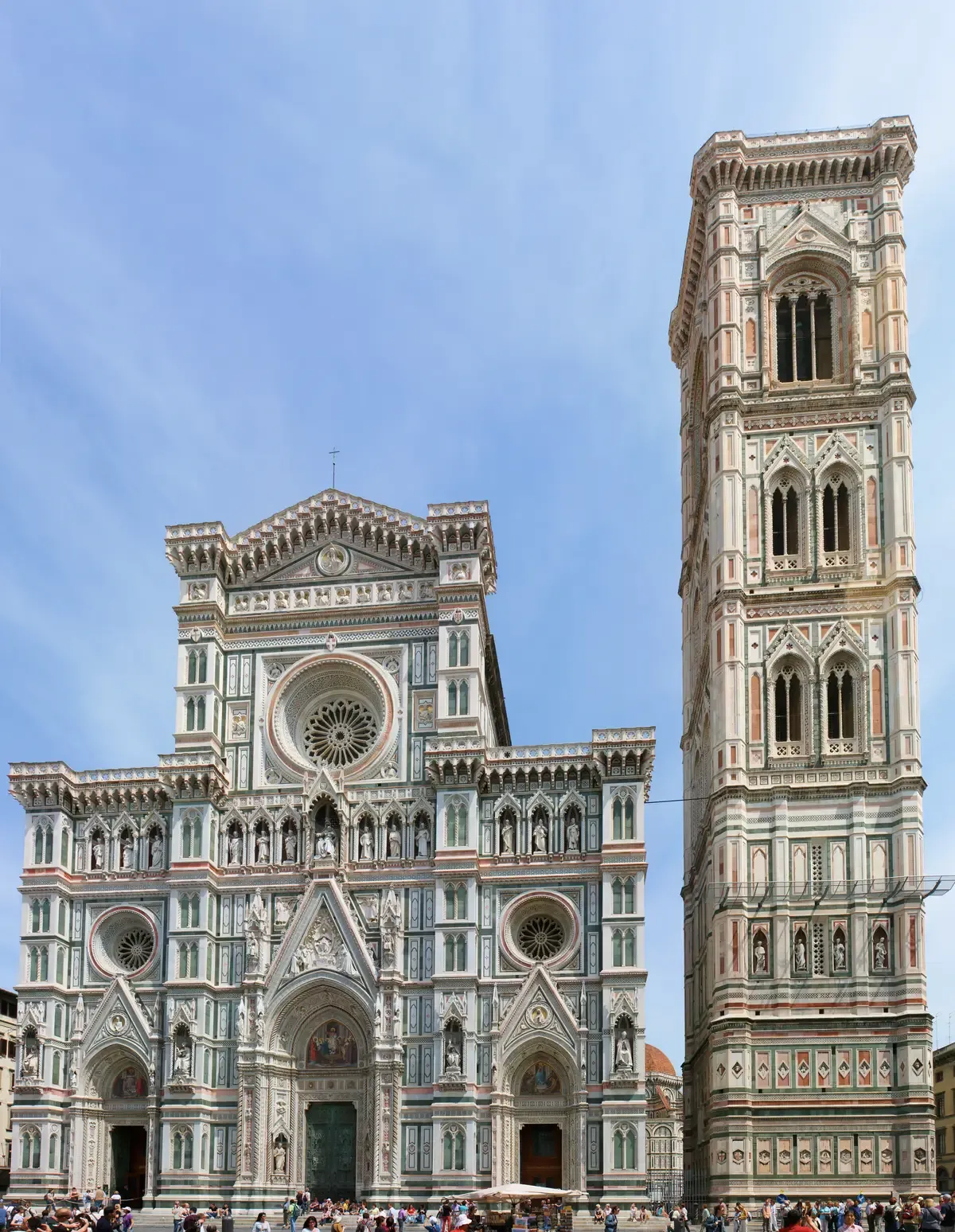 The marble facade of Florence Cathedral beside Giotto's Bell Tower, seen on a Florence and Tuscany day trip from Rome